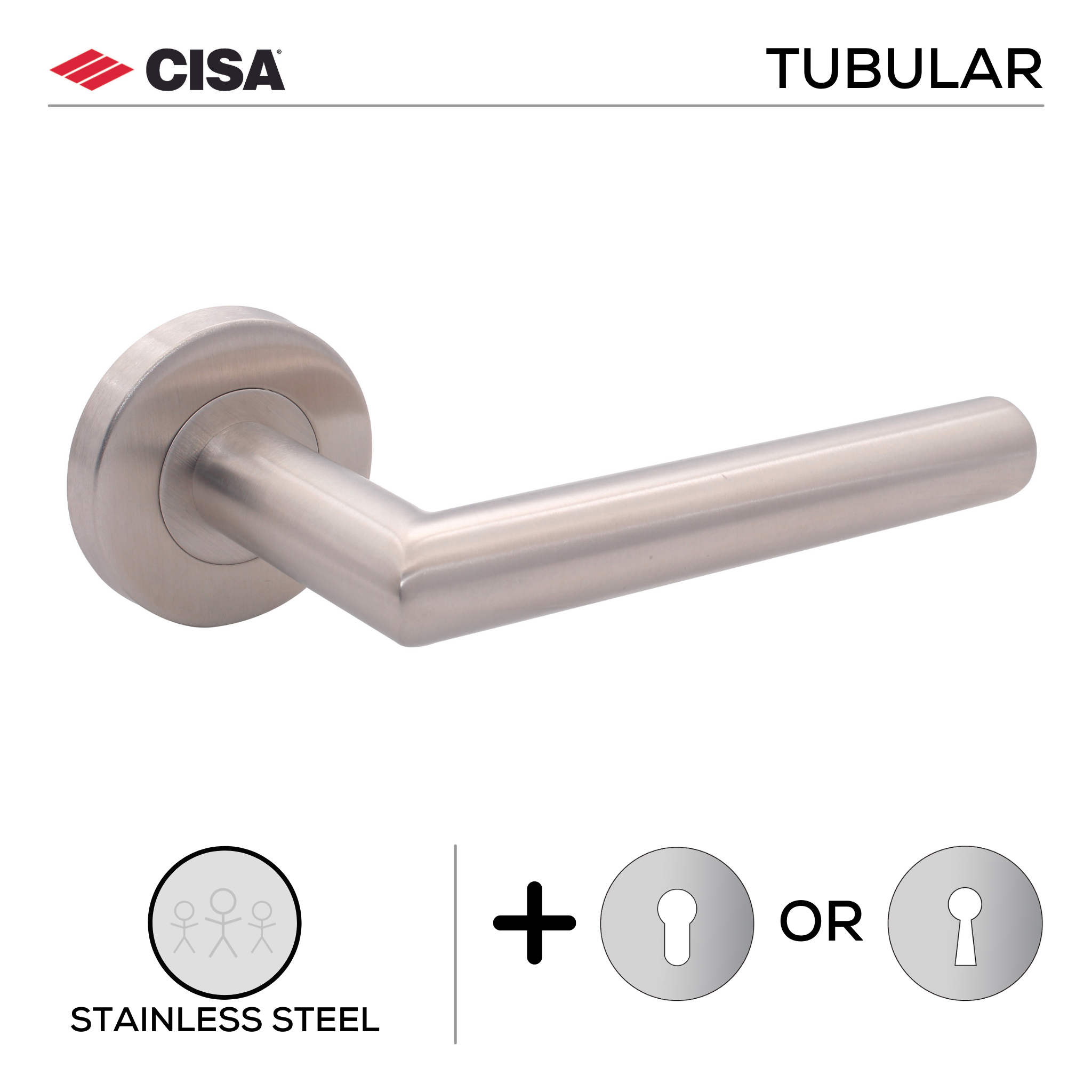FT02.R._.SS, Lever Handles, Tubular, On Round Rose, With Escutcheons, 134mm (l), Stainless Steel, CISA