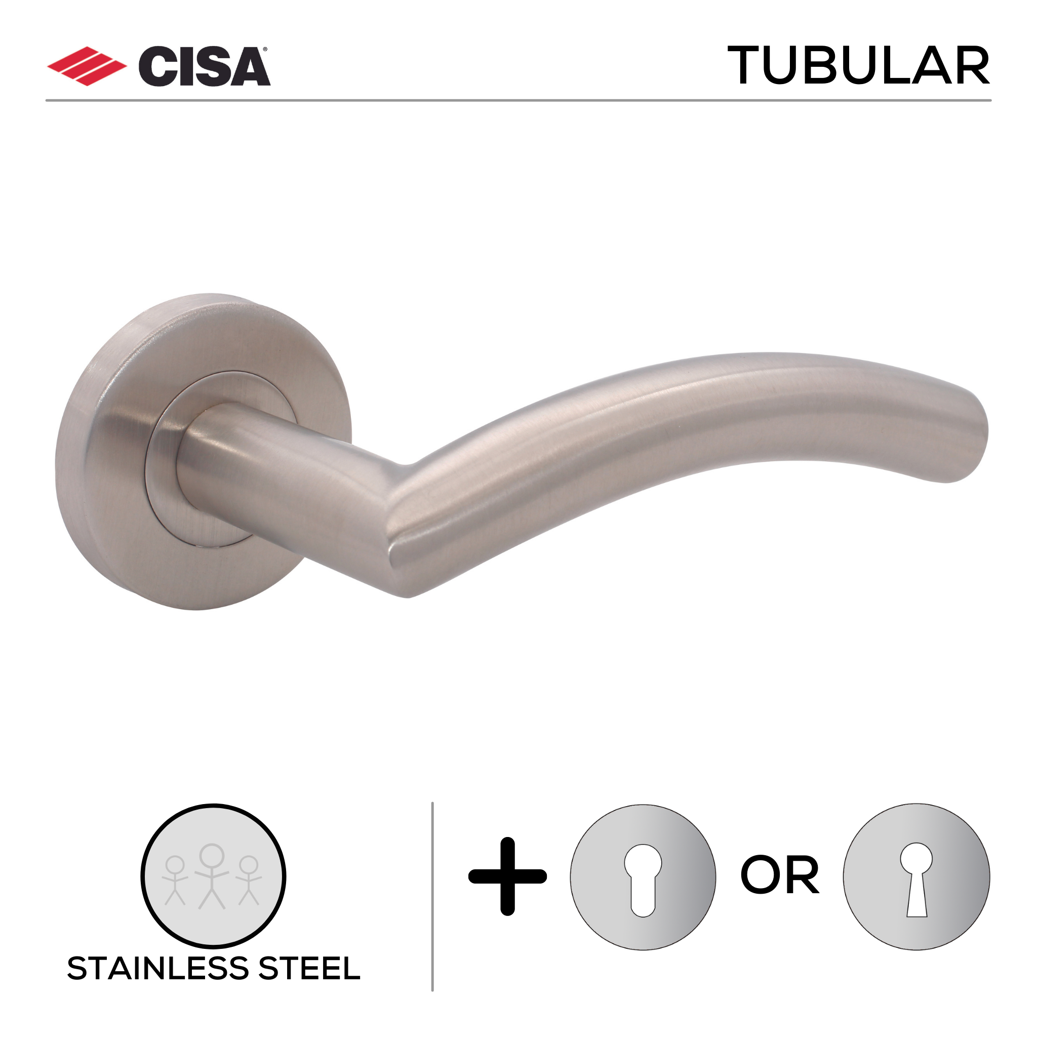 FT03.R._.SS, Lever Handles, Tubular, On Round Rose, With Escutcheons, 134mm (l), Stainless Steel, CISA