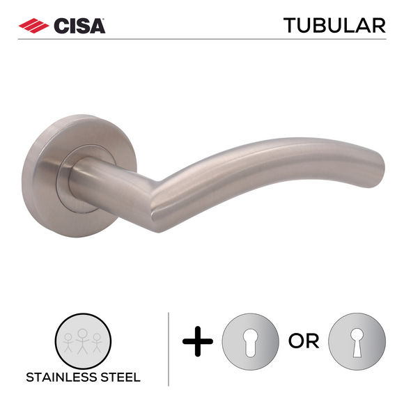 FT03.R._.SS, Lever Handles, Tubular, On Round Rose, With Escutcheons, 134mm (l), Stainless Steel, CISA