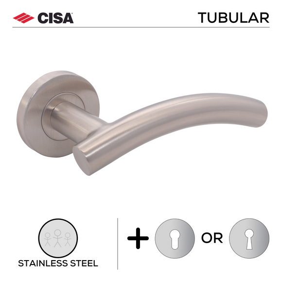 FT05.R._.SS, Lever Handles, Tubular, On Round Rose, With Escutcheons, 138mm (l), Stainless Steel, CISA
