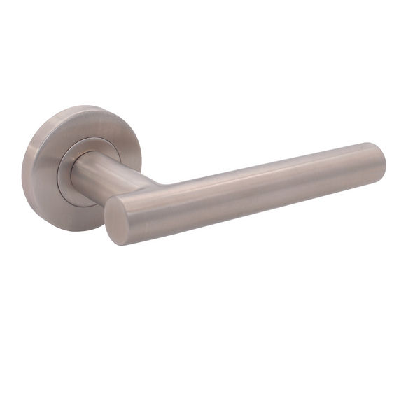 FT06.R._.SS, Lever Handles, Tubular, On Round Rose, With Escutcheons, 134mm (l), Stainless Steel, CISA