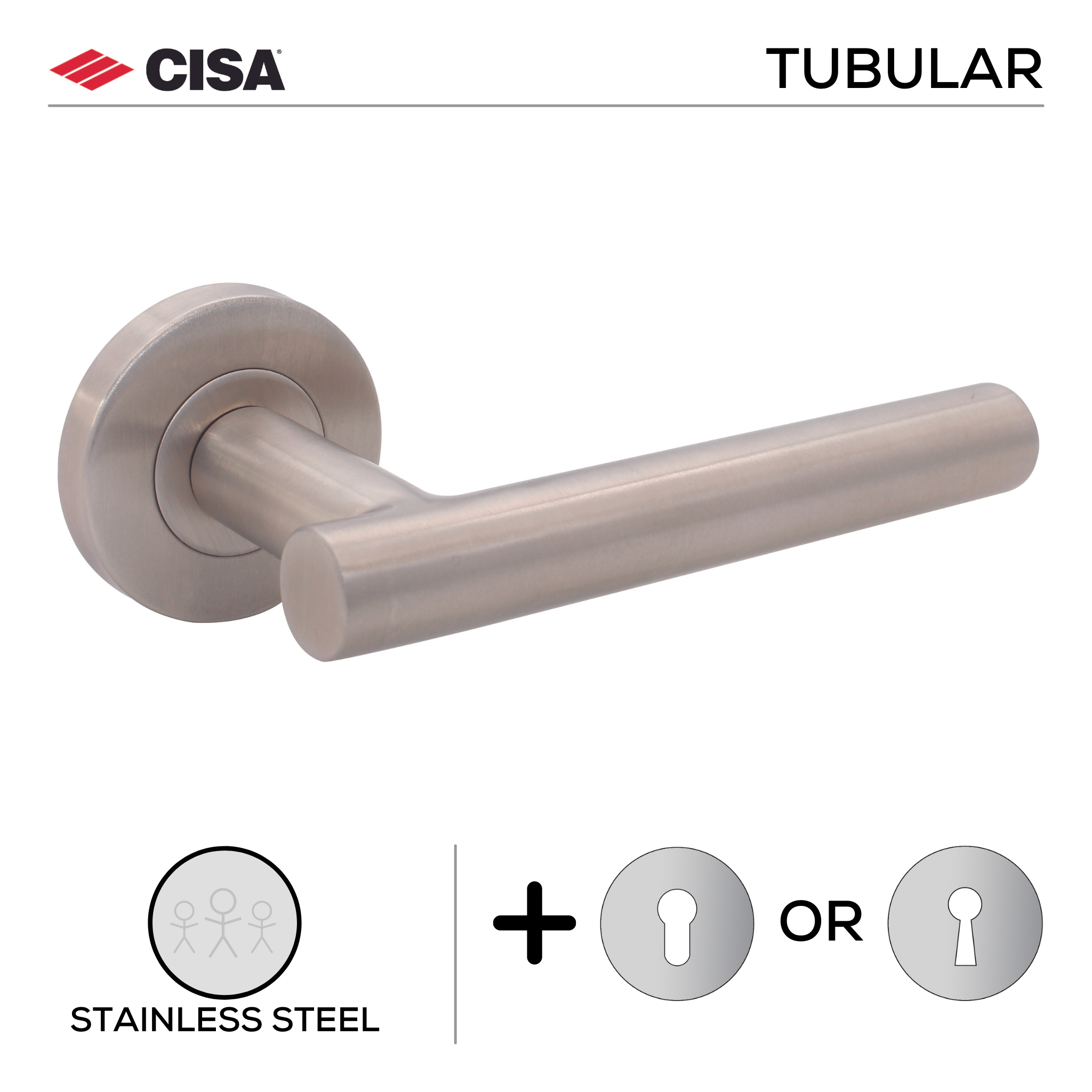 FT06.R._.SS, Lever Handles, Tubular, On Round Rose, With Escutcheons, 134mm (l), Stainless Steel, CISA