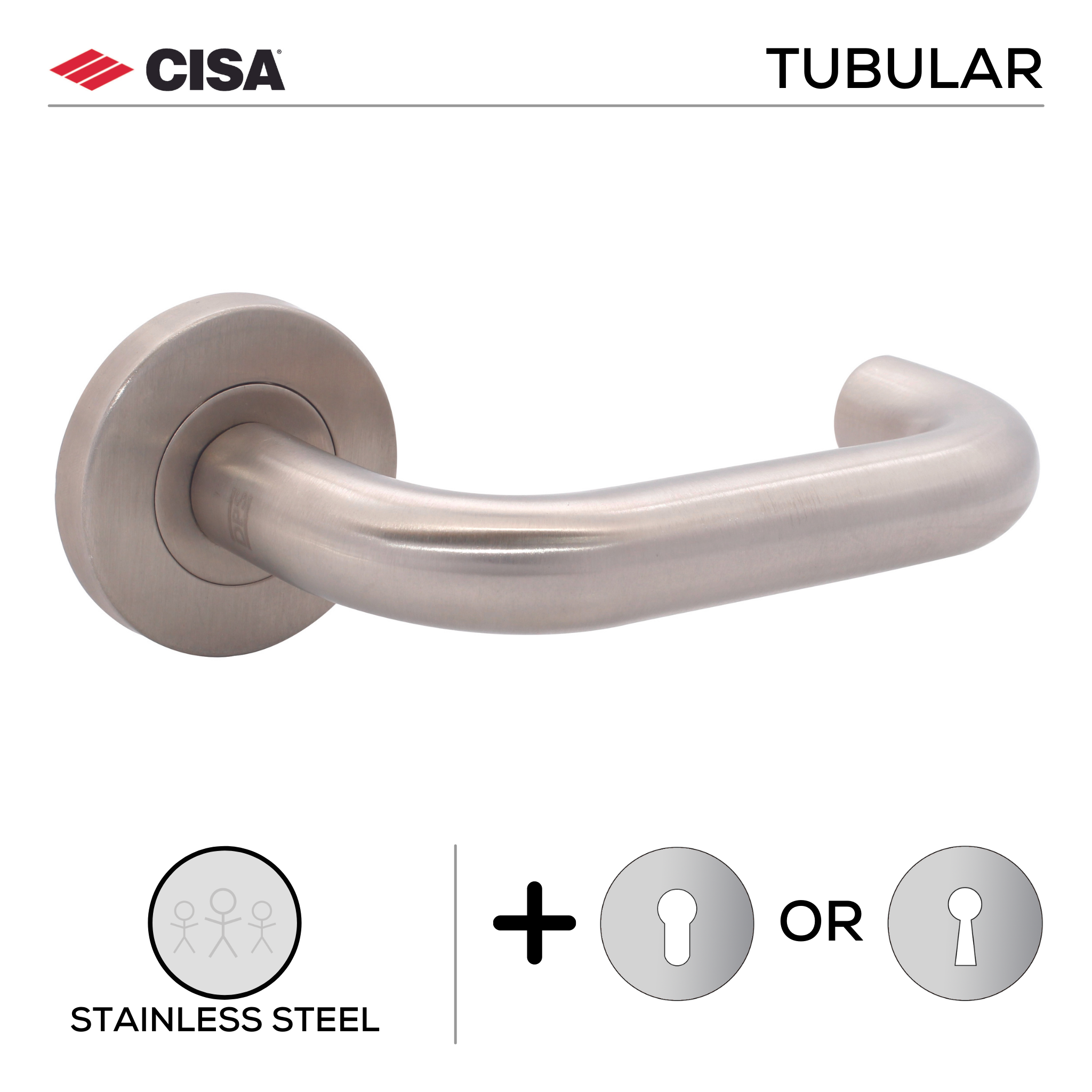 FT08.R._.SS, Lever Handles, Tubular, On Round Rose, With Escutcheons, Stainless Steel, CISA