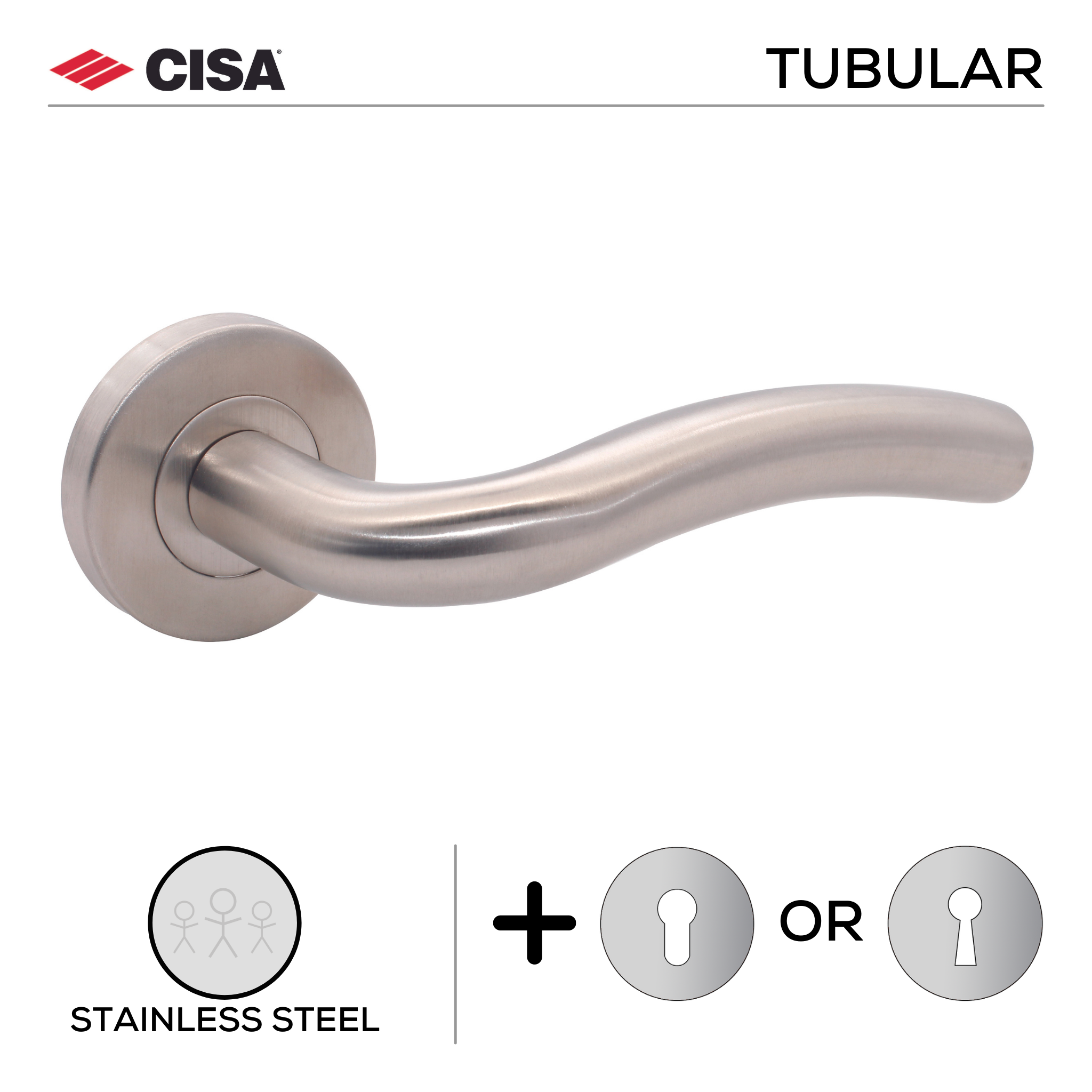 FT12.R._.SS, Lever Handles, Tubular, On Round Rose, With Escutcheons, Stainless Steel, CISA