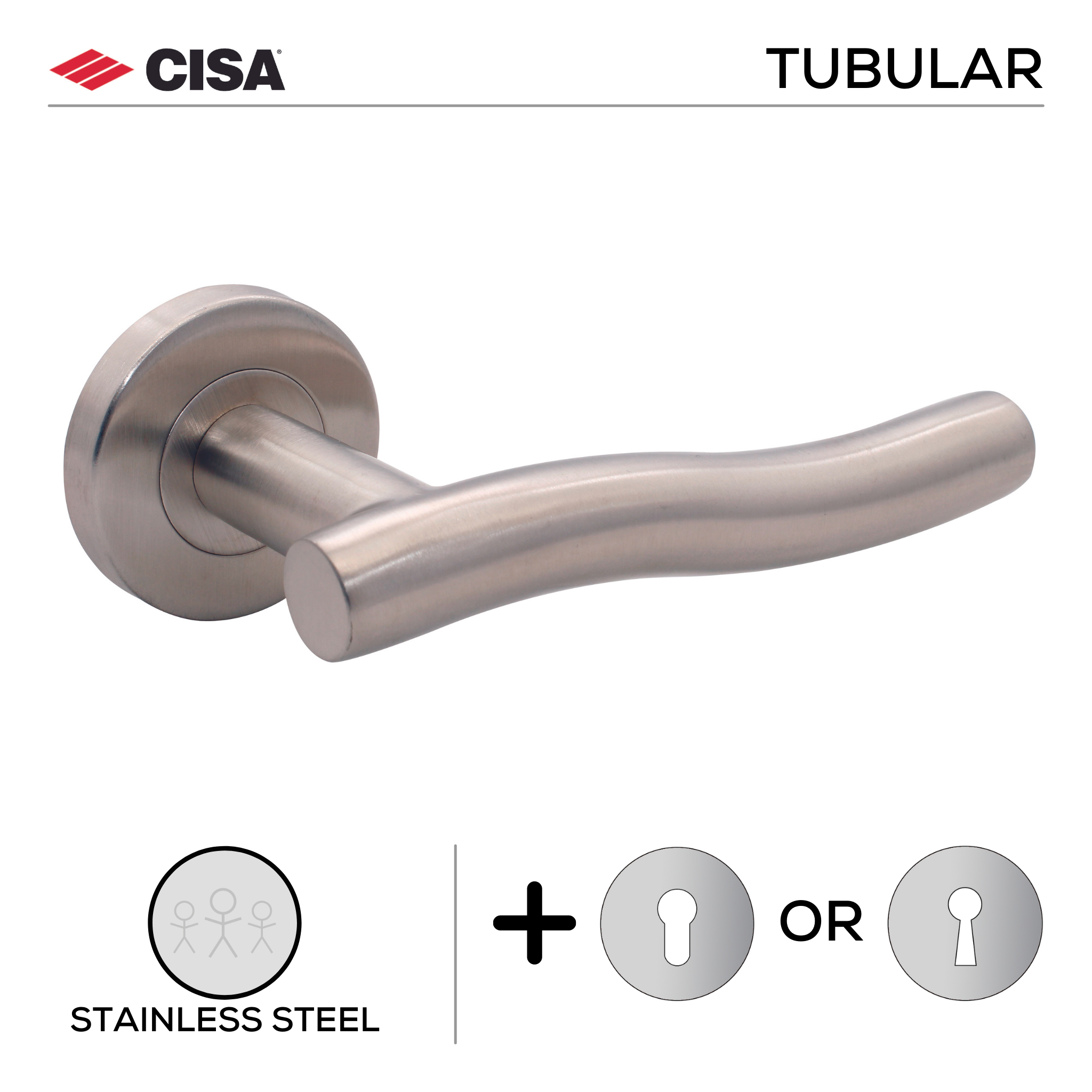 FT14.R._.SS, Lever Handles, Tubular, On Round Rose, With Escutcheons, Stainless Steel, CISA