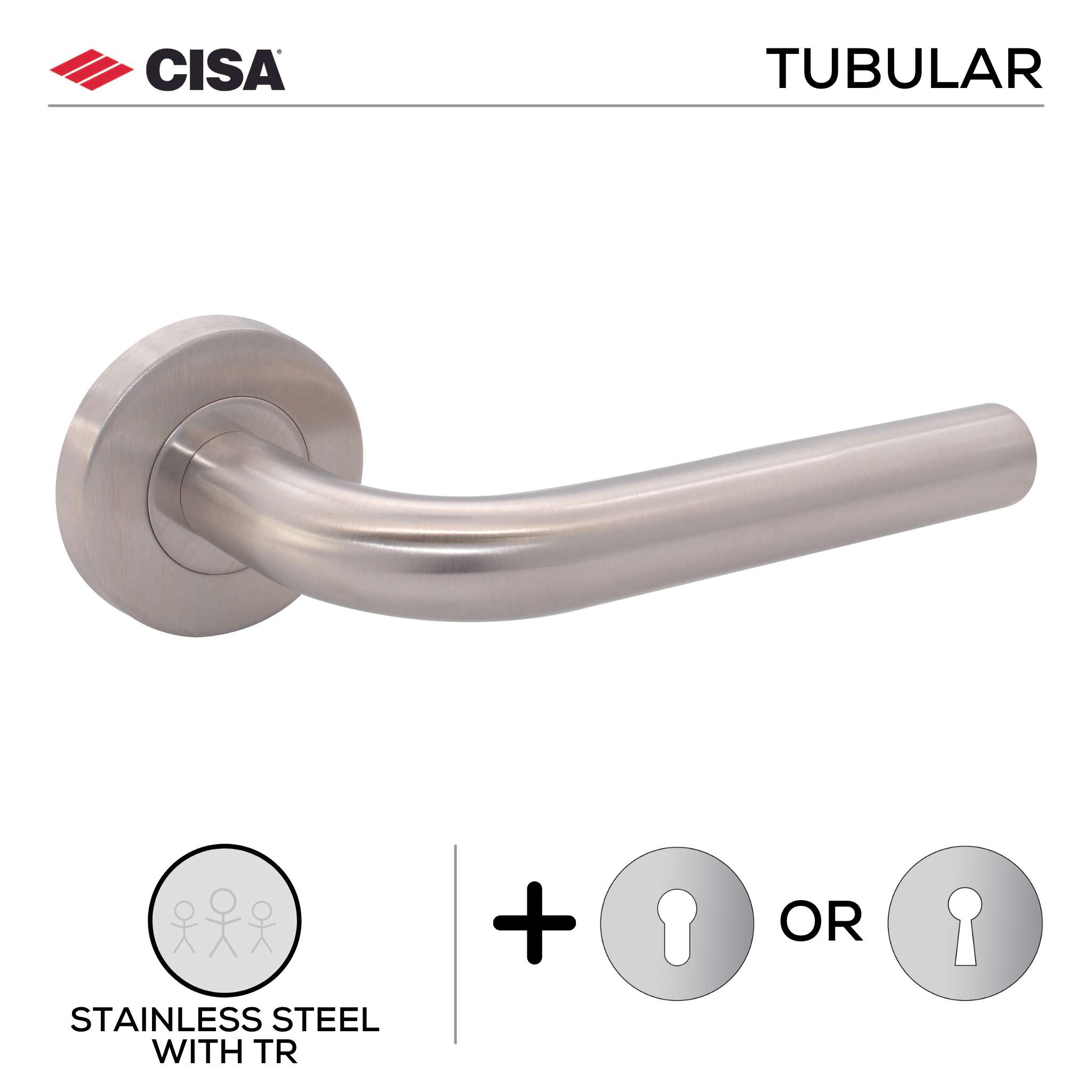 FT01.R._.TR, Lever Handles, Tubular, On Round Rose, With Escutcheons, 134mm (l), Stainless Steel with Tarnish Resistant, CISA