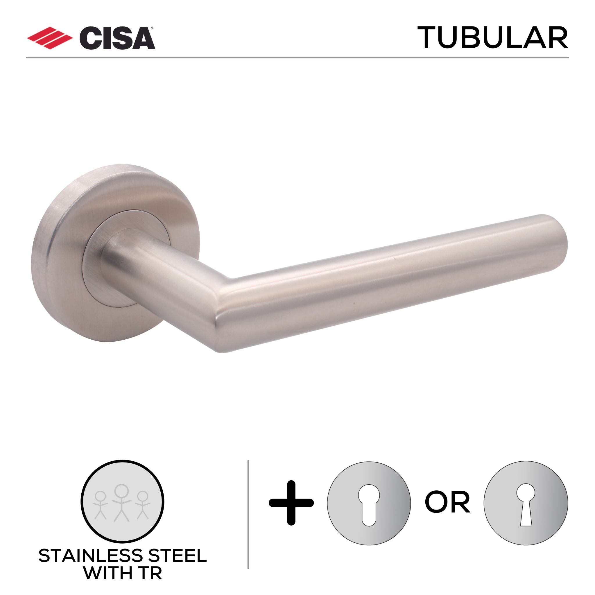 FT02.R._.TR, Lever Handles, Tubular, On Round Rose, With Escutcheons, 134mm (l), Stainless Steel with Tarnish Resistant, CISA