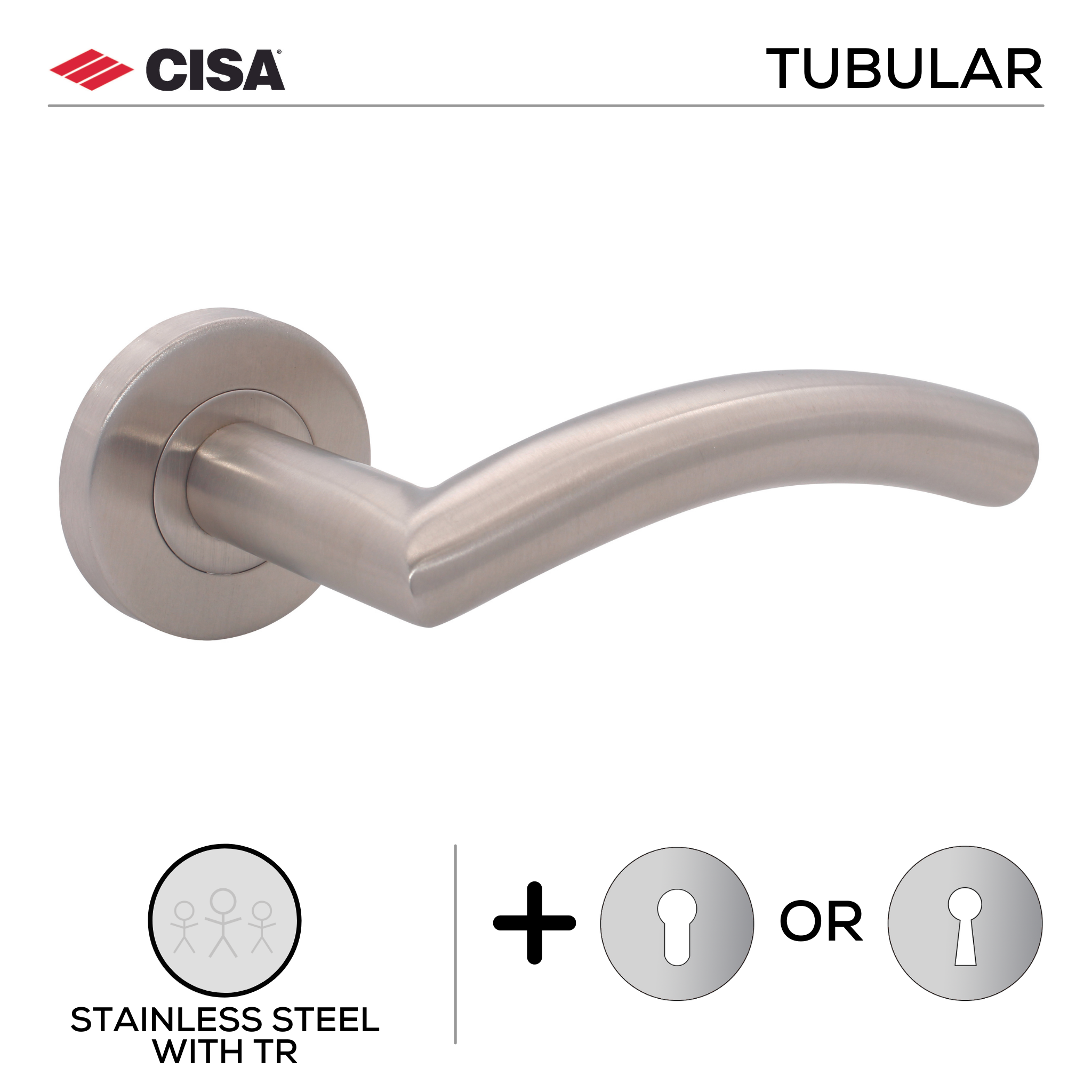 FT03.R._.TR, Lever Handles, Tubular, On Round Rose, With Escutcheons, 134mm (l), Stainless Steel with Tarnish Resistant, CISA
