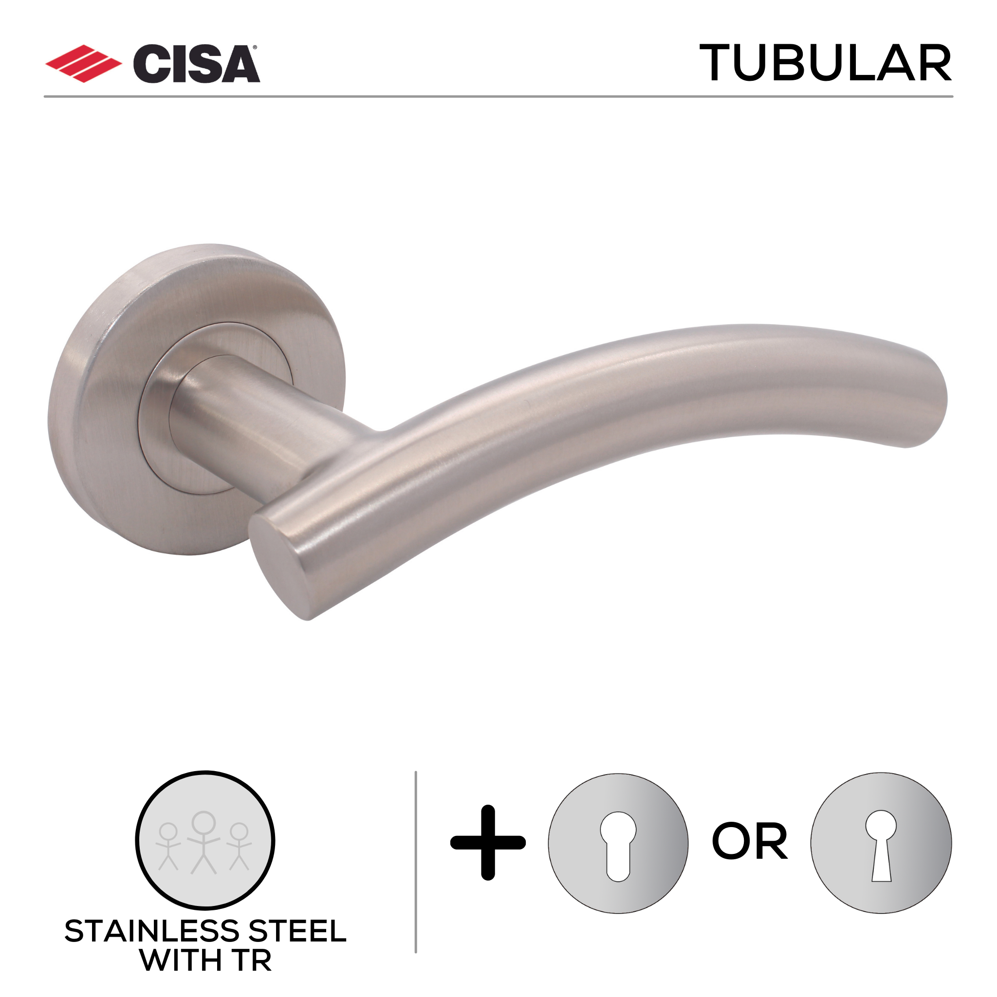 FT05.R._.TR, Lever Handles, Tubular, On Round Rose, With Escutcheons, 138mm (l), Stainless Steel with Tarnish Resistant, CISA