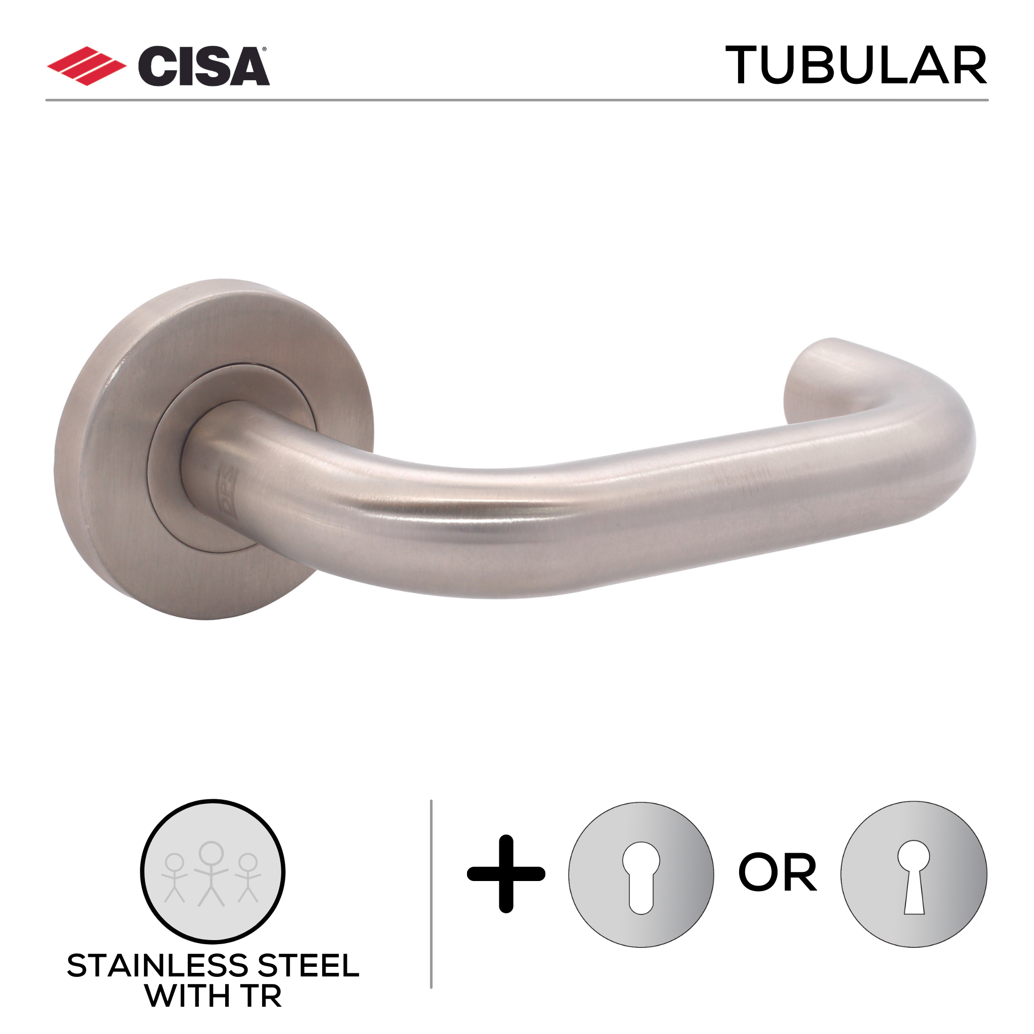 FT08.R._.TR, Lever Handles, Tubular, On Round Rose, With Escutcheons, Stainless Steel with Tarnish Resistant, CISA