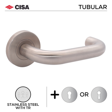 Main product view of CISA Stainless Steel Lever Handle, made for patio and sliding doors with tough stainless shine.