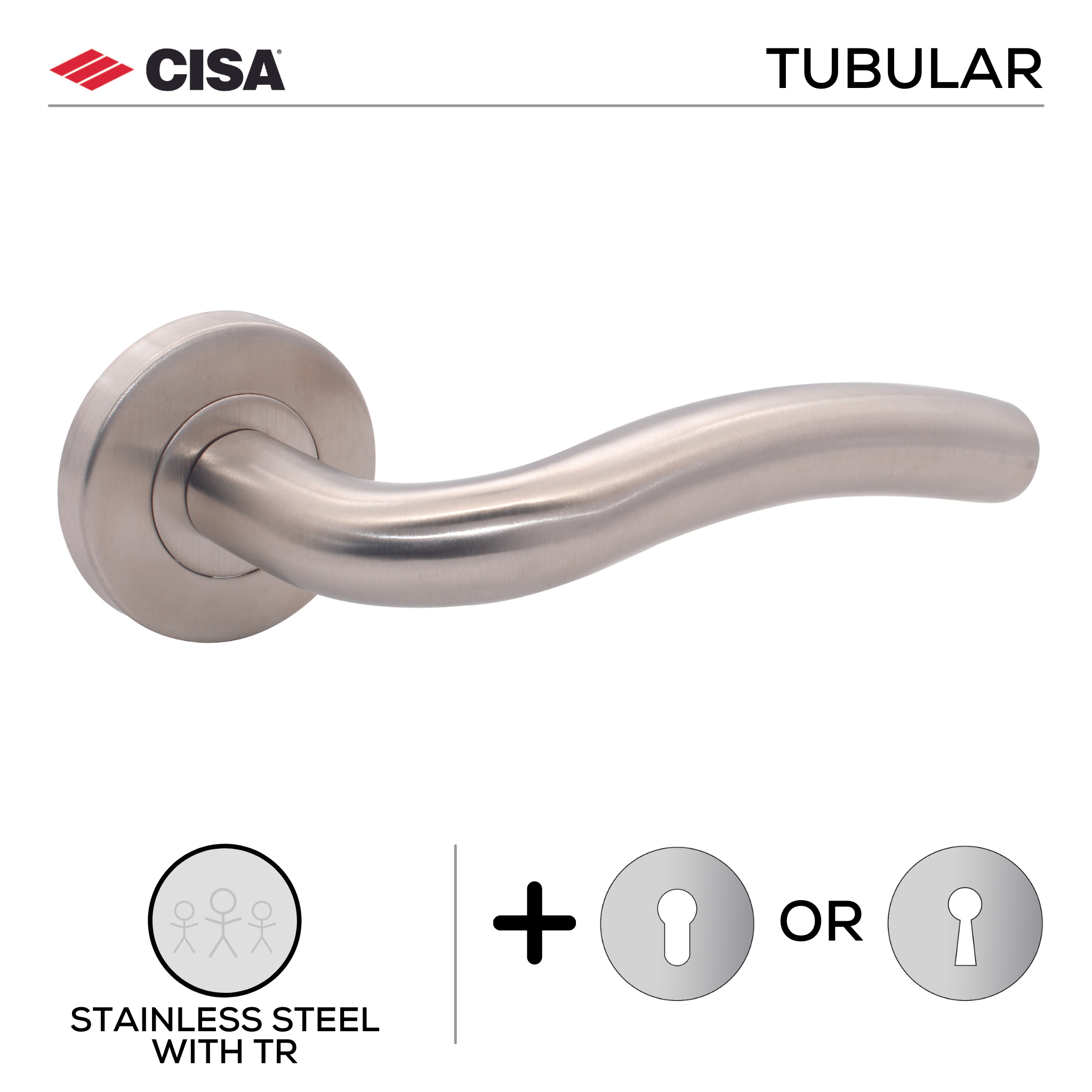 FT12.R._.TR, Lever Handles, Tubular, On Round Rose, With Escutcheons, Stainless Steel with Tarnish Resistant, CISA