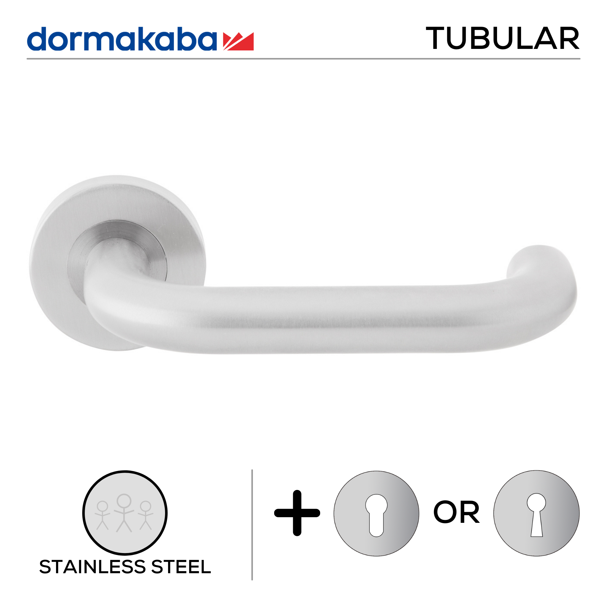 TH 120, Lever Handles, Tubular, On Round Rose, With Escutcheons, 155mm (l), Stainless Steel, DORMAKABA