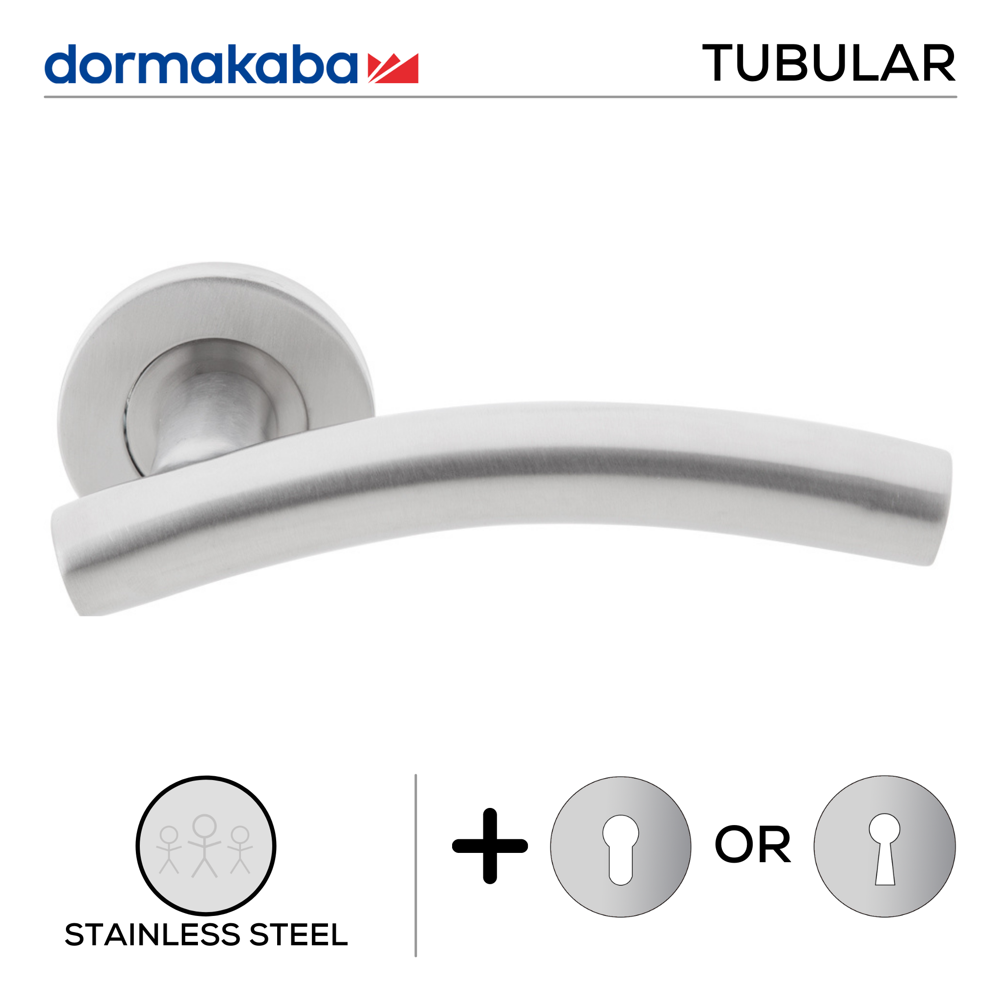 TH 121, Lever Handles, Tubular, On Round Rose, With Escutcheons, 137mm (l), Stainless Steel, DORMAKABA