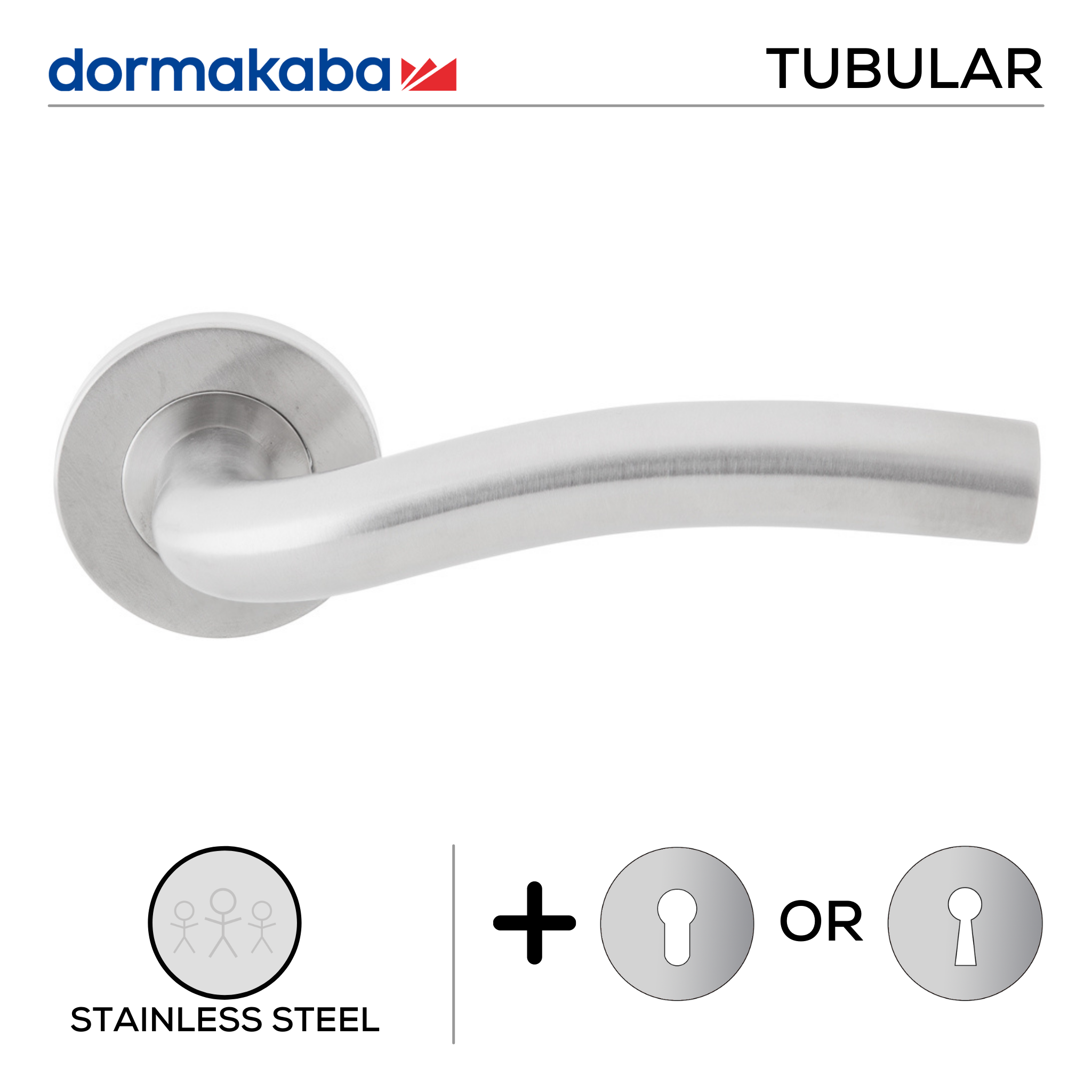 TH 122, Lever Handles, Tubular, On Round Rose, With Escutcheons, 148mm (l), Stainless Steel, DORMAKABA