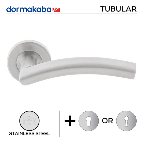 TH 123, Lever Handles, Tubular, On Round Rose, With Escutcheons, 143mm (l), Stainless Steel, DORMAKABA