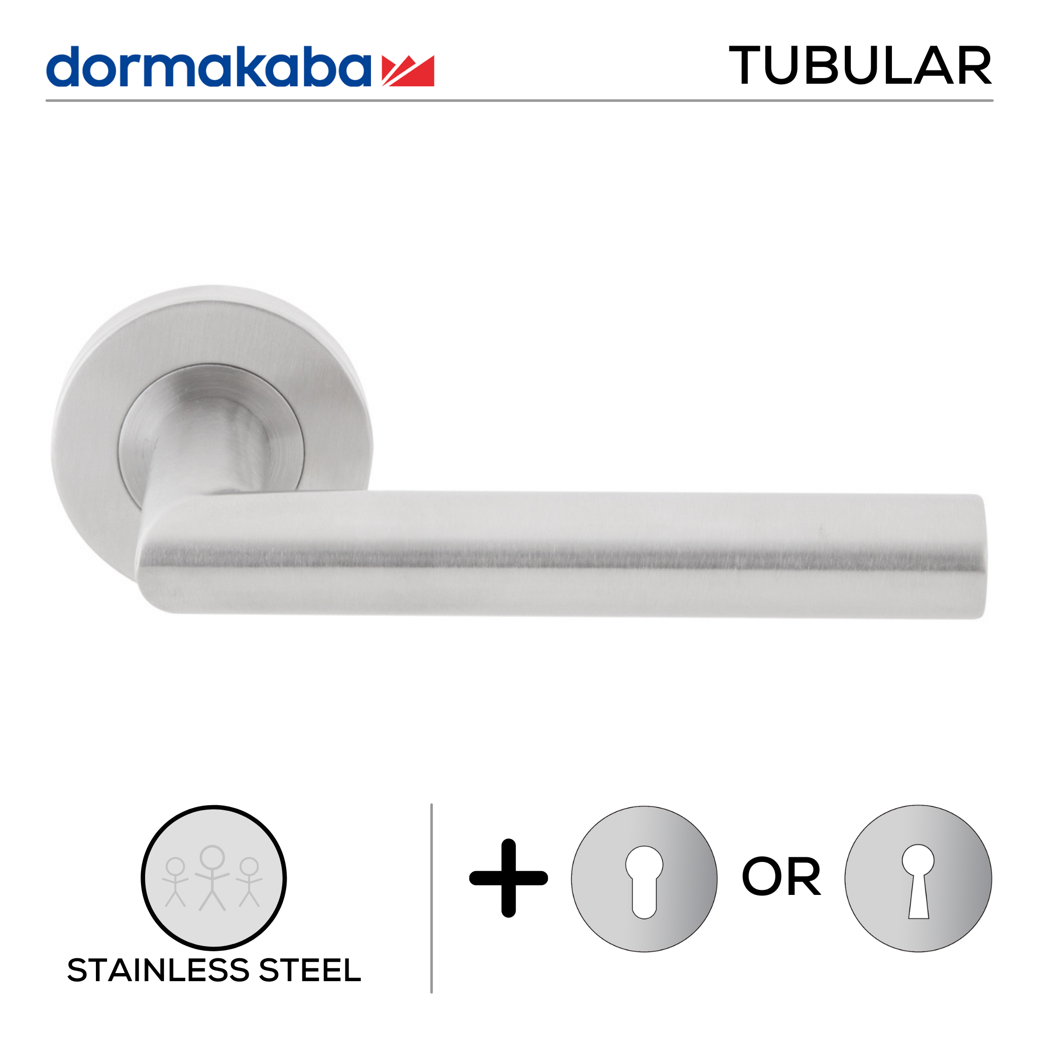TH 125, Lever Handles, Tubular, On Round Rose, With Escutcheons, 143mm (l), Stainless Steel, DORMAKABA