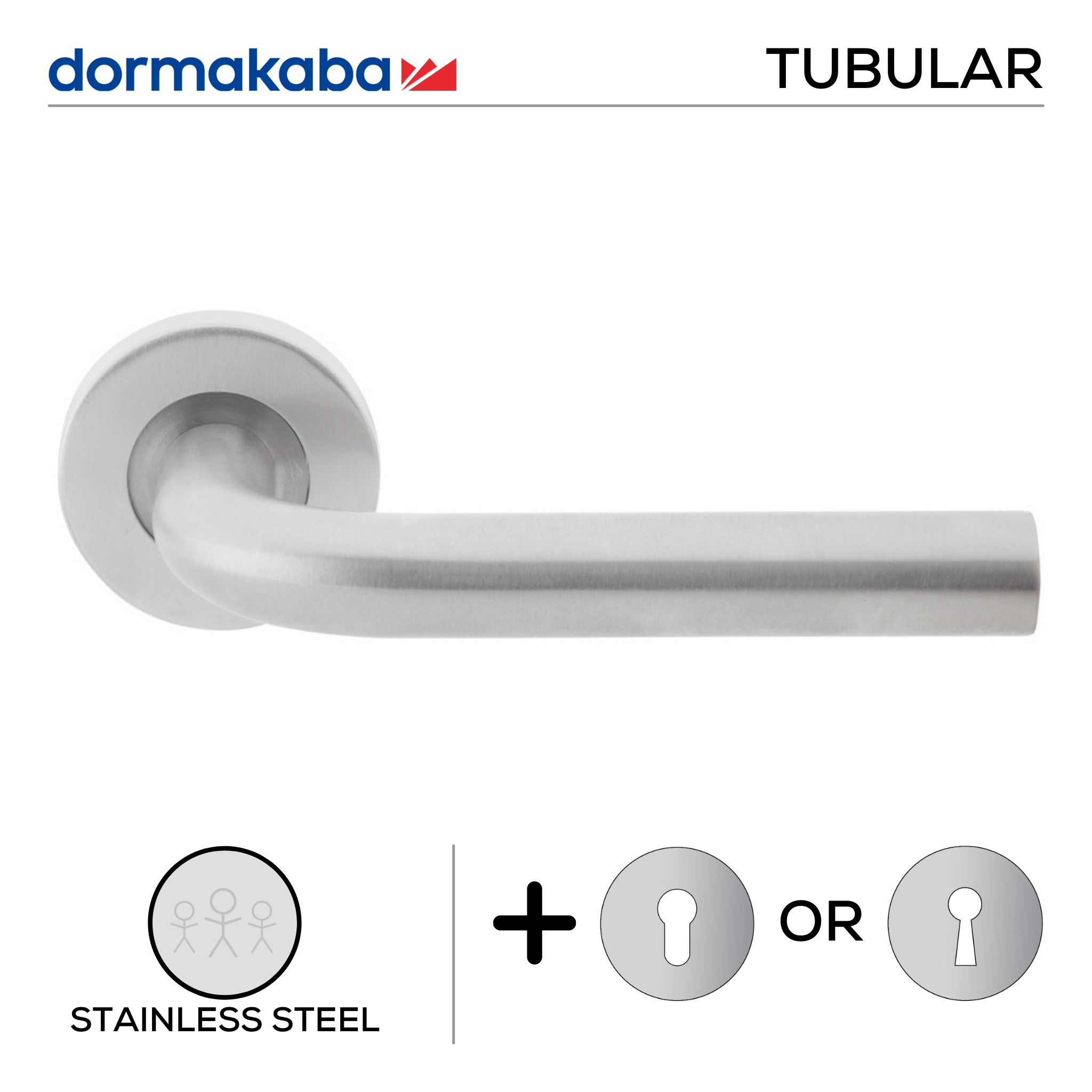 TH 126, Lever Handles, Tubular, On Round Rose, With Escutcheons, 148mm (l), Stainless Steel, DORMAKABA