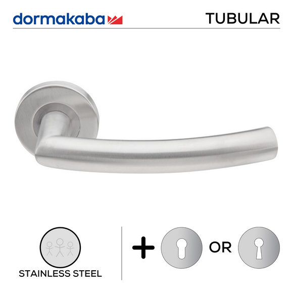 TH 128, Lever Handles, Tubular, On Round Rose, With Escutcheons, 152mm (l), Stainless Steel, DORMAKABA