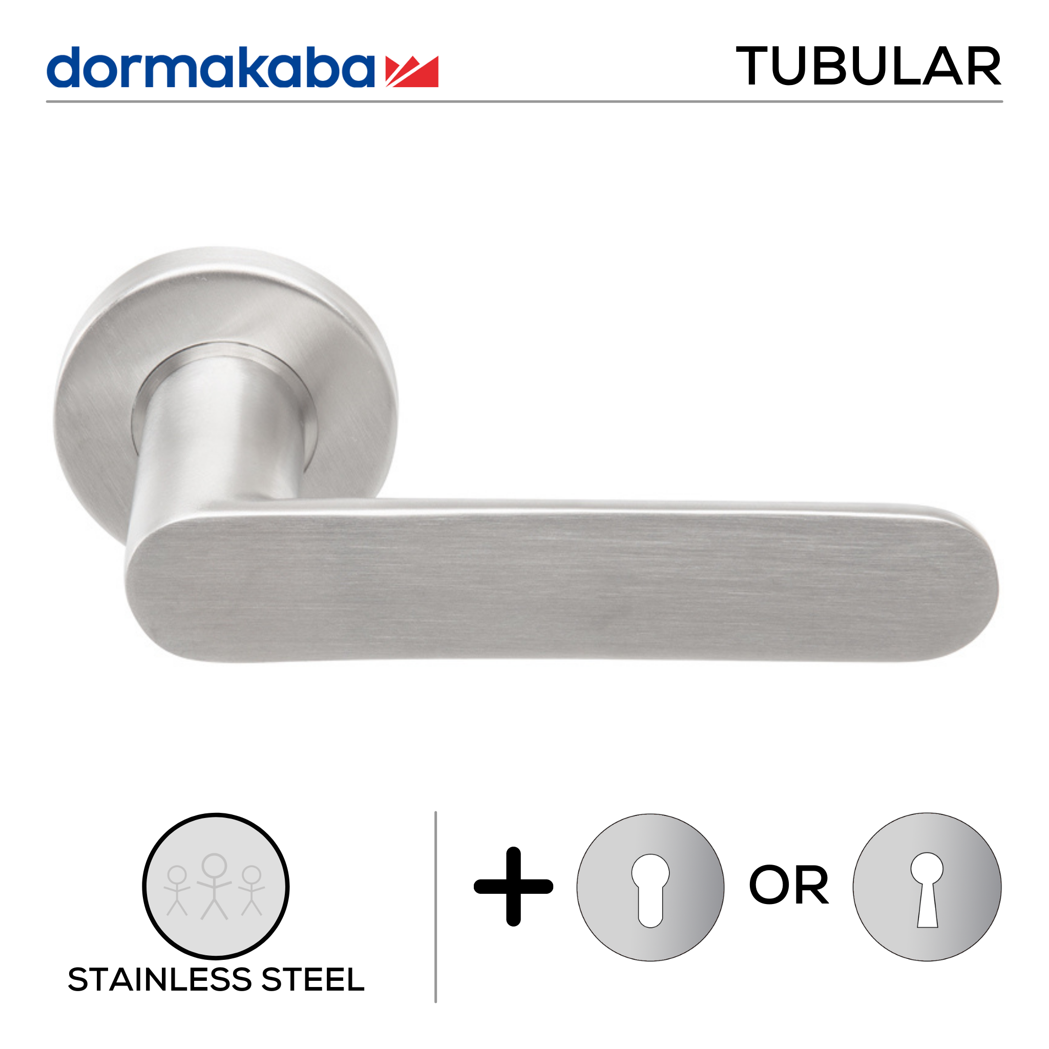 TH 132, Lever Handles, Tubular, On Round Rose, With Escutcheons, 140mm (l), Stainless Steel, DORMAKABA