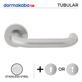 CR 001, Lever Handles, Tubular, Commercial Range, On Round Rose, With Escutcheons, 140mm (l), Stainless Steel, DORMAKABA