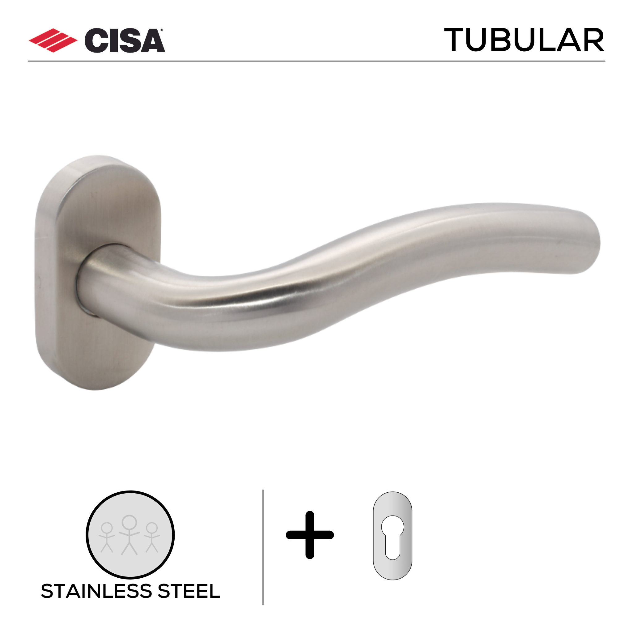 FT12.O._.SS, Lever Handles, Tubular, On Oval Rose, With Cylinder Escutcheons, Stainless Steel, CISA