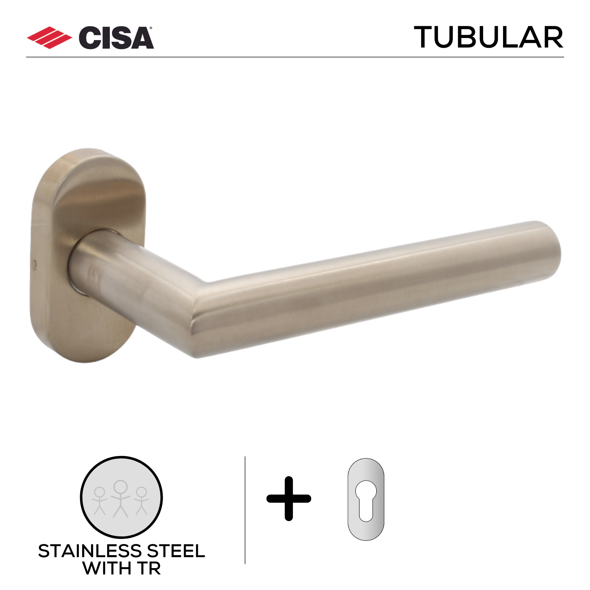 FT02.O.C.TR, Lever Handles, Tubular, On Oval Rose, With Cylinder Escutcheons, 134mm (l), Stainless Steel with Tarnish Resistant, CISA