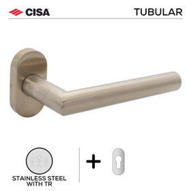 FT02.O.C.TR, Lever Handles, Tubular, On Oval Rose, With Cylinder Escutcheons, 134mm (l), Stainless Steel with Tarnish Resistant, CISA