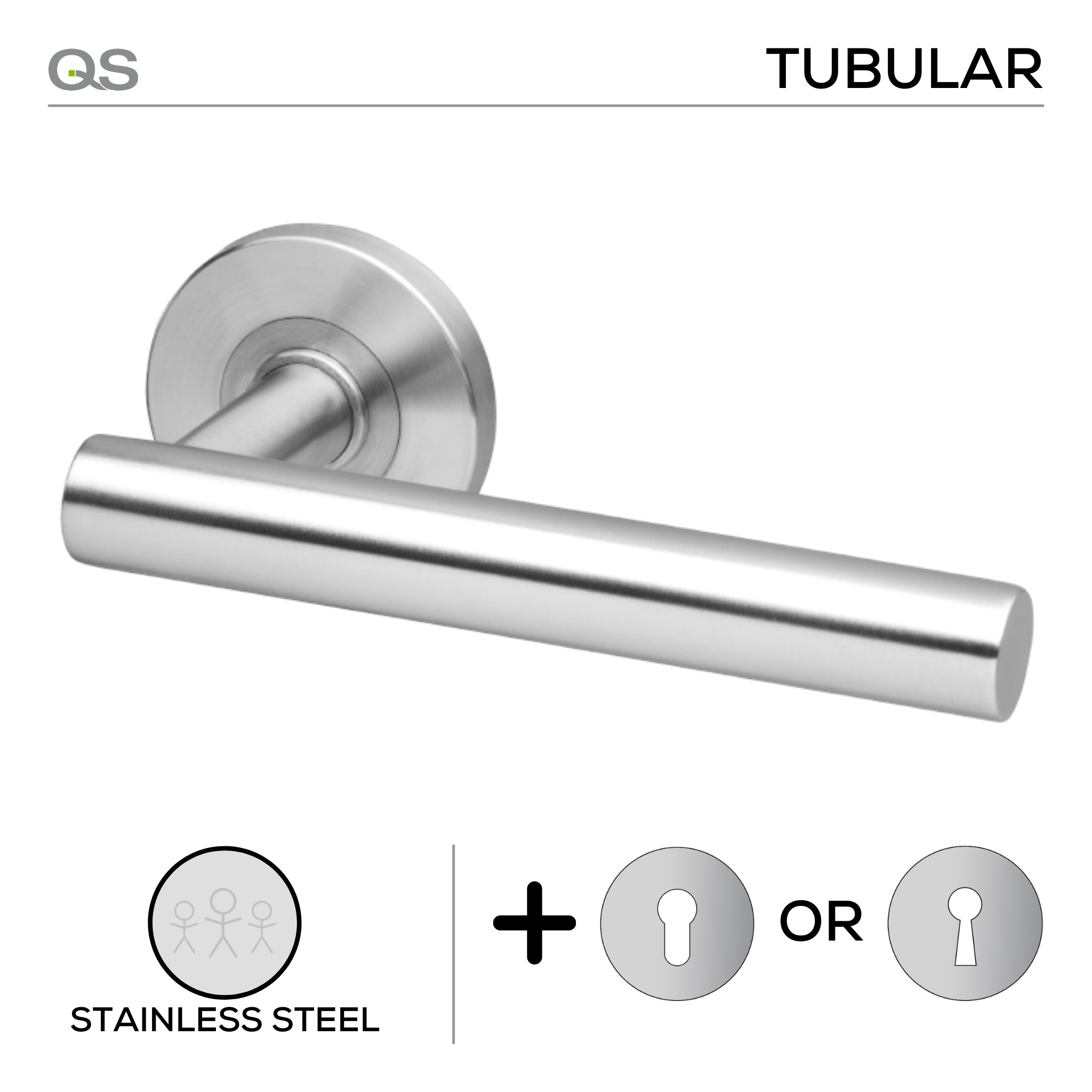 Bodo, Lever Handles, Tubular, On Round Rose, With Escutcheons, Stainless Steel, QS