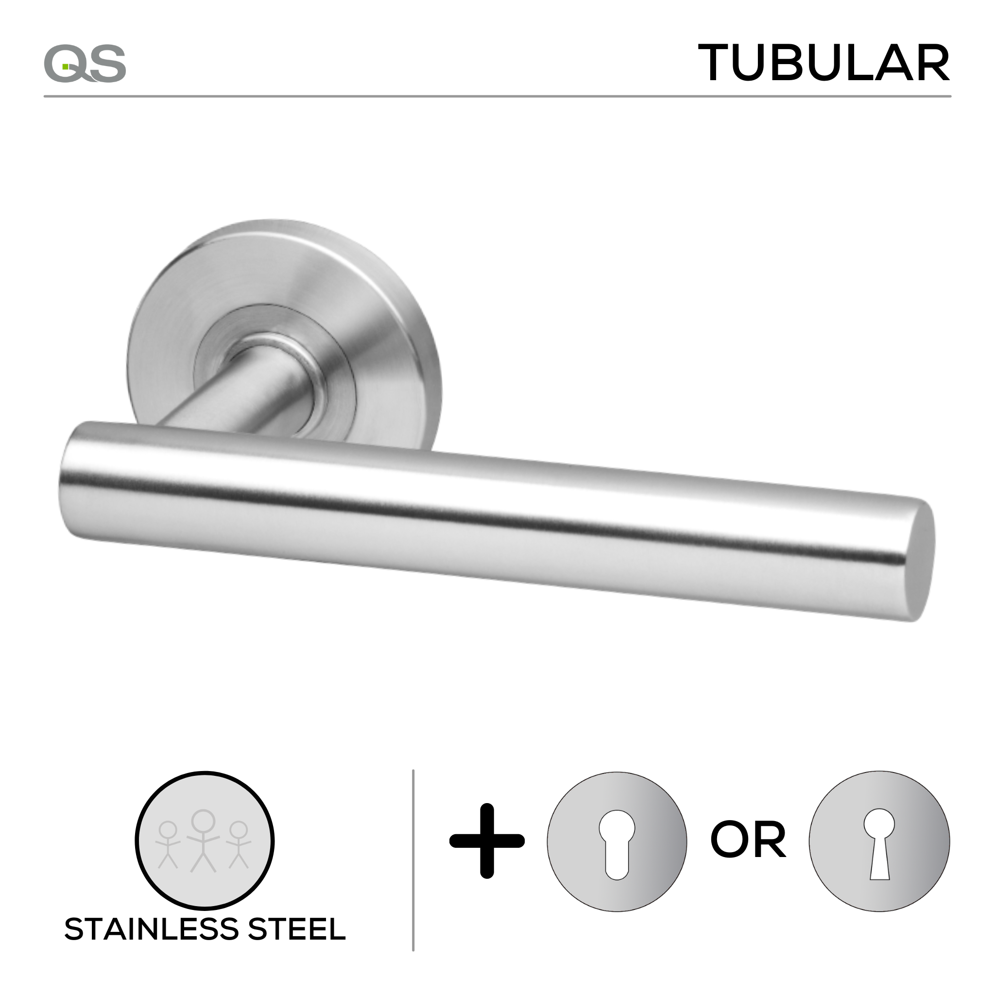 Arhus, Lever Handles, Tubular, On Round Rose, With Escutcheons, Stainless Steel, QS