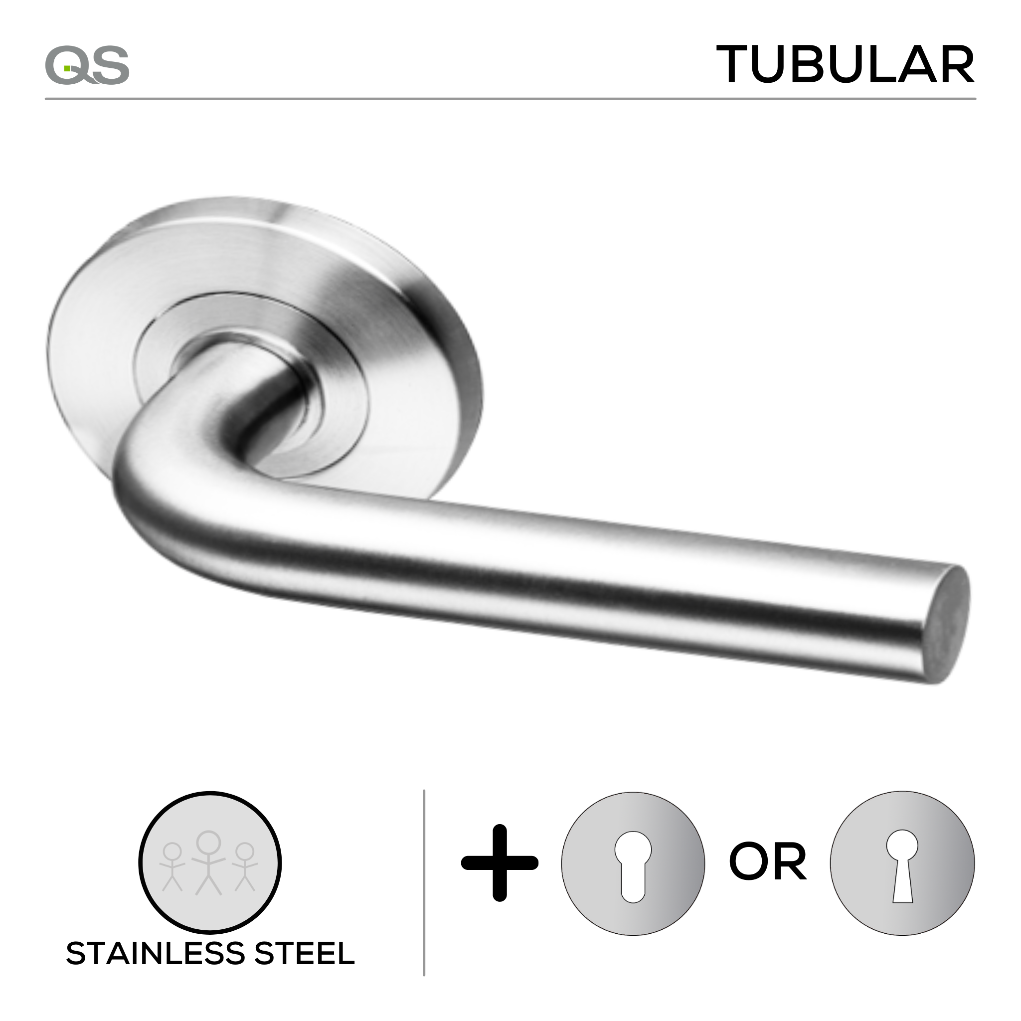 Coupé Oslo -Rose, Lever Handles, Tubular, Round Rose, With Escutcheons, Stainless Steel, QS