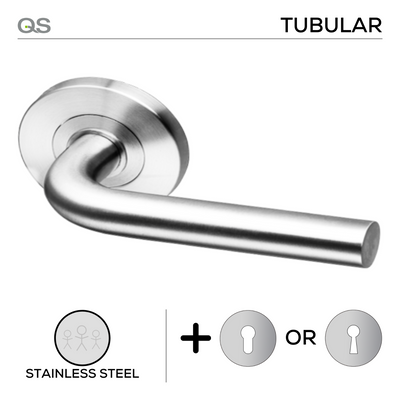 Coupe  Oslo -Rose, Lever Handles, Tubular, Round Rose, With Escutcheons, Stainless Steel, QS