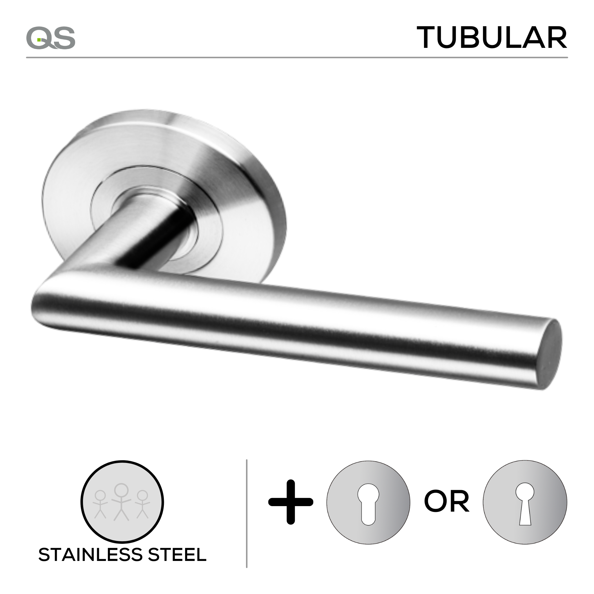 Coupé Oulu -Rose, Lever Handles, Tubular, Round Rose, With Escutcheons, Stainless Steel, QS