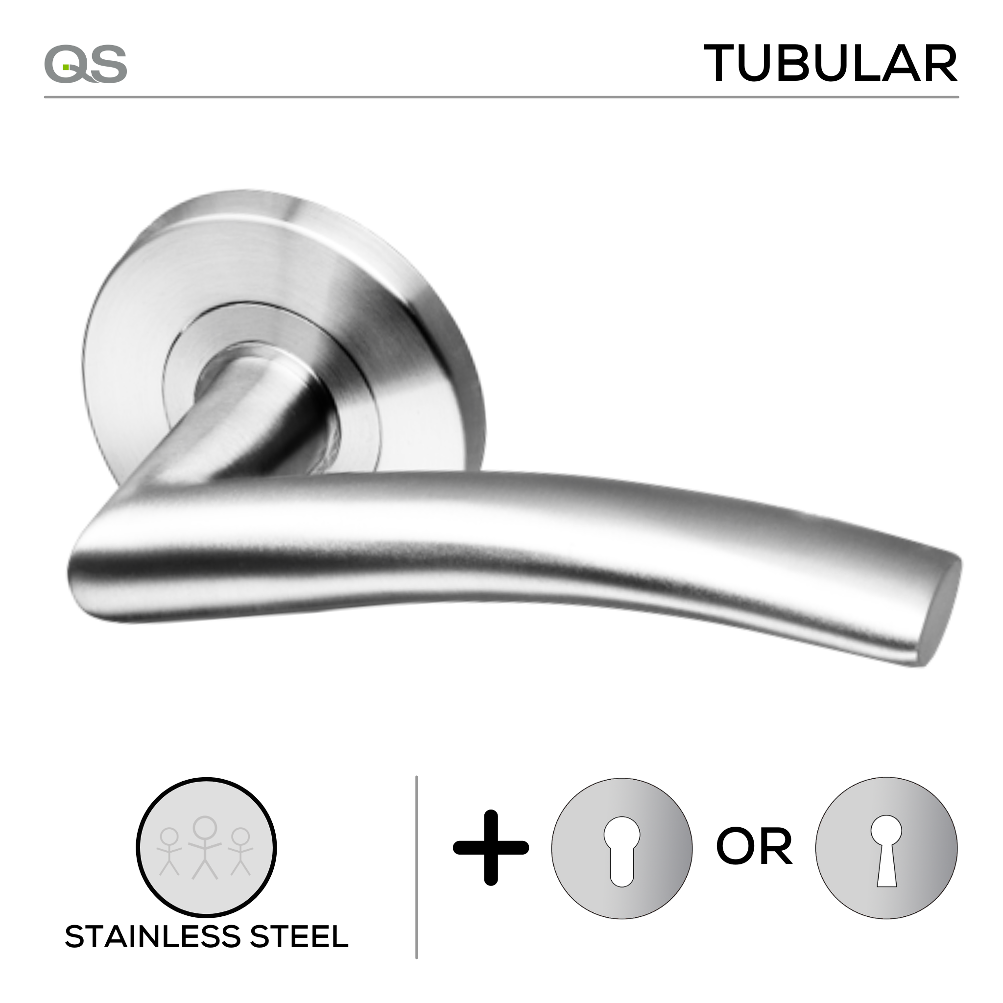 Coupé Solna -Rose, Lever Handles, Tubular, Round Rose, With Escutcheons, Stainless Steel, QS