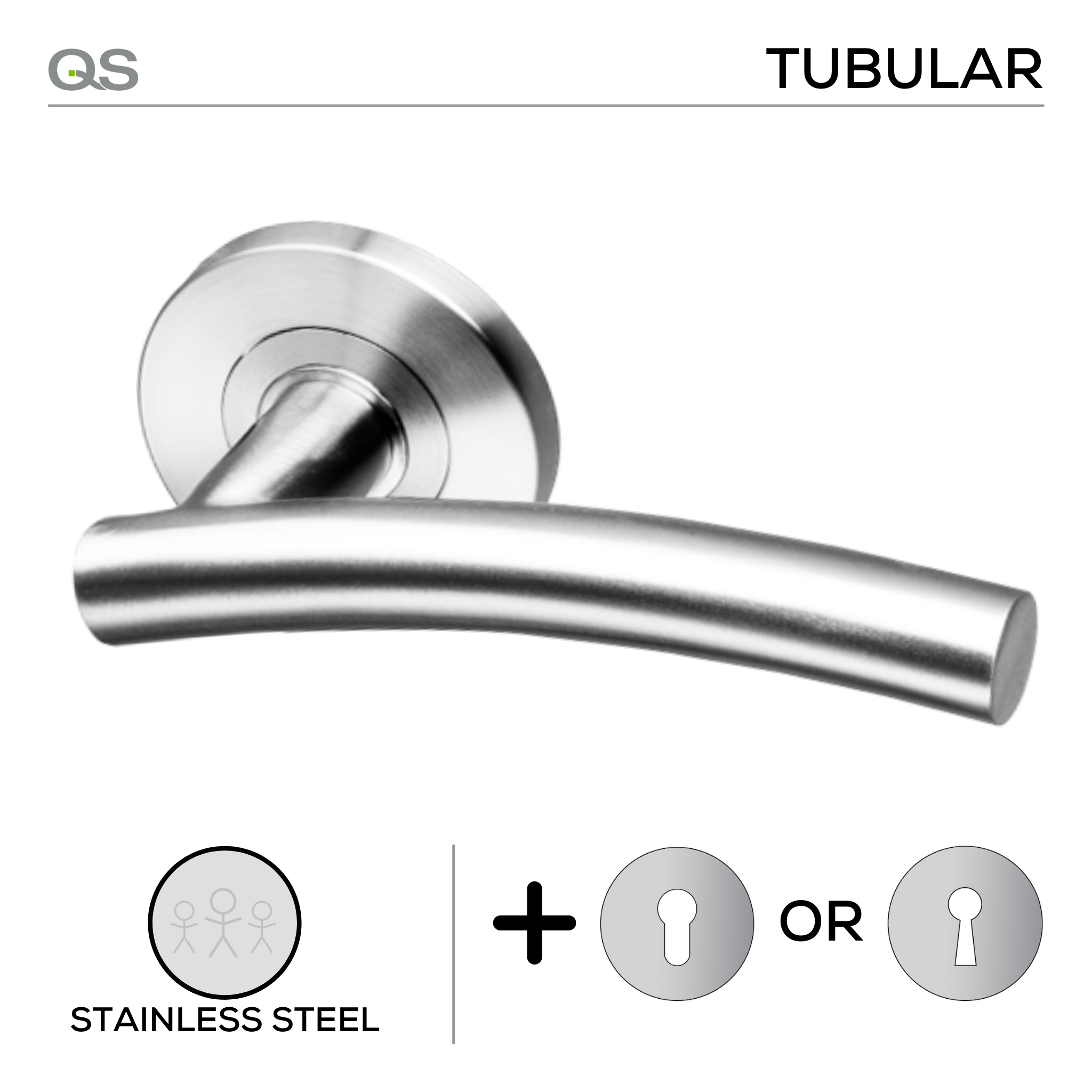 Coupé Vaasa -Rose, Lever Handles, Tubular, Round Rose, With Escutcheons, Stainless Steel, QS