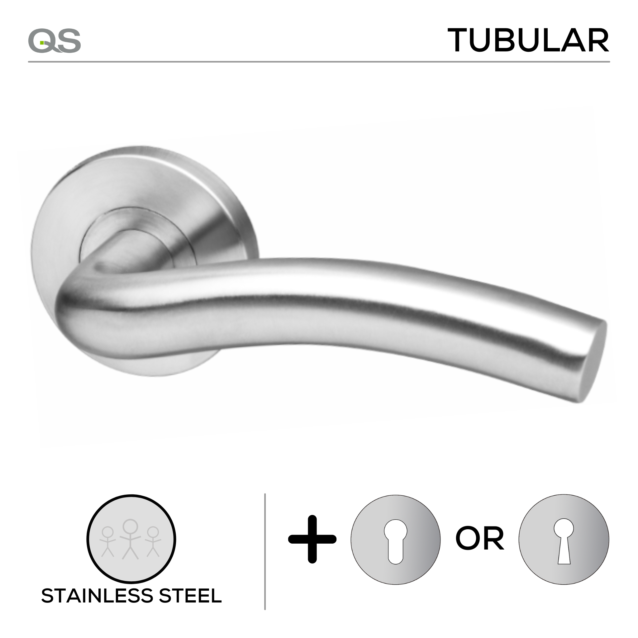 Inari, Lever Handles, Tubular, On Round Rose, With Escutcheons, Stainless Steel, QS