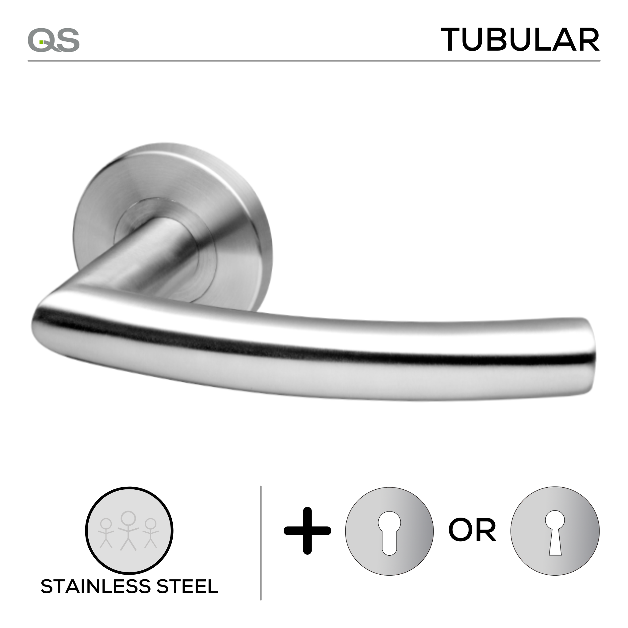 Lulea, Lever Handles, Tubular, On Round Rose, With Escutcheons, Stainless Steel, QS