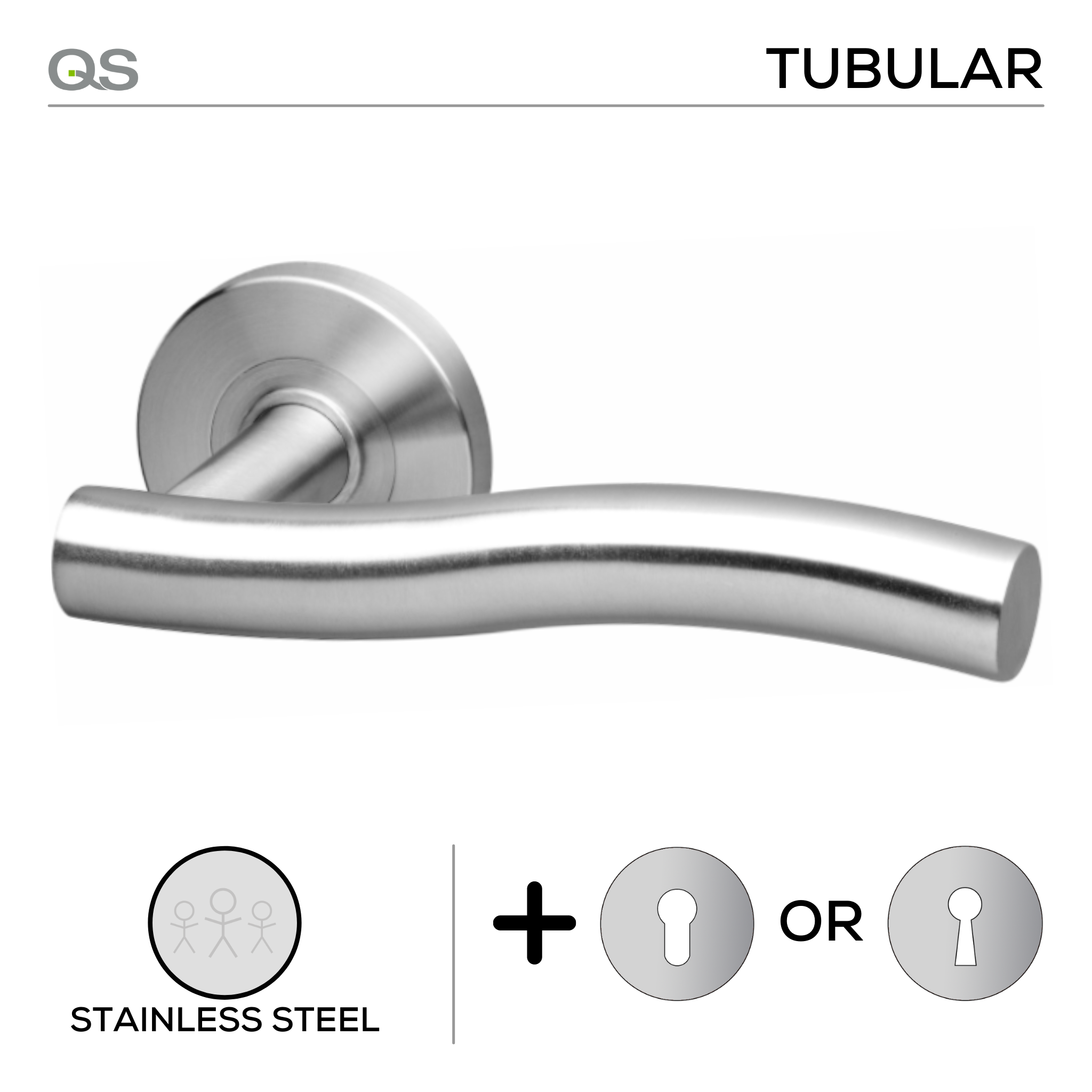 Namsos, Lever Handles, Tubular, On Round Rose, With Escutcheons, Stainless Steel, QS