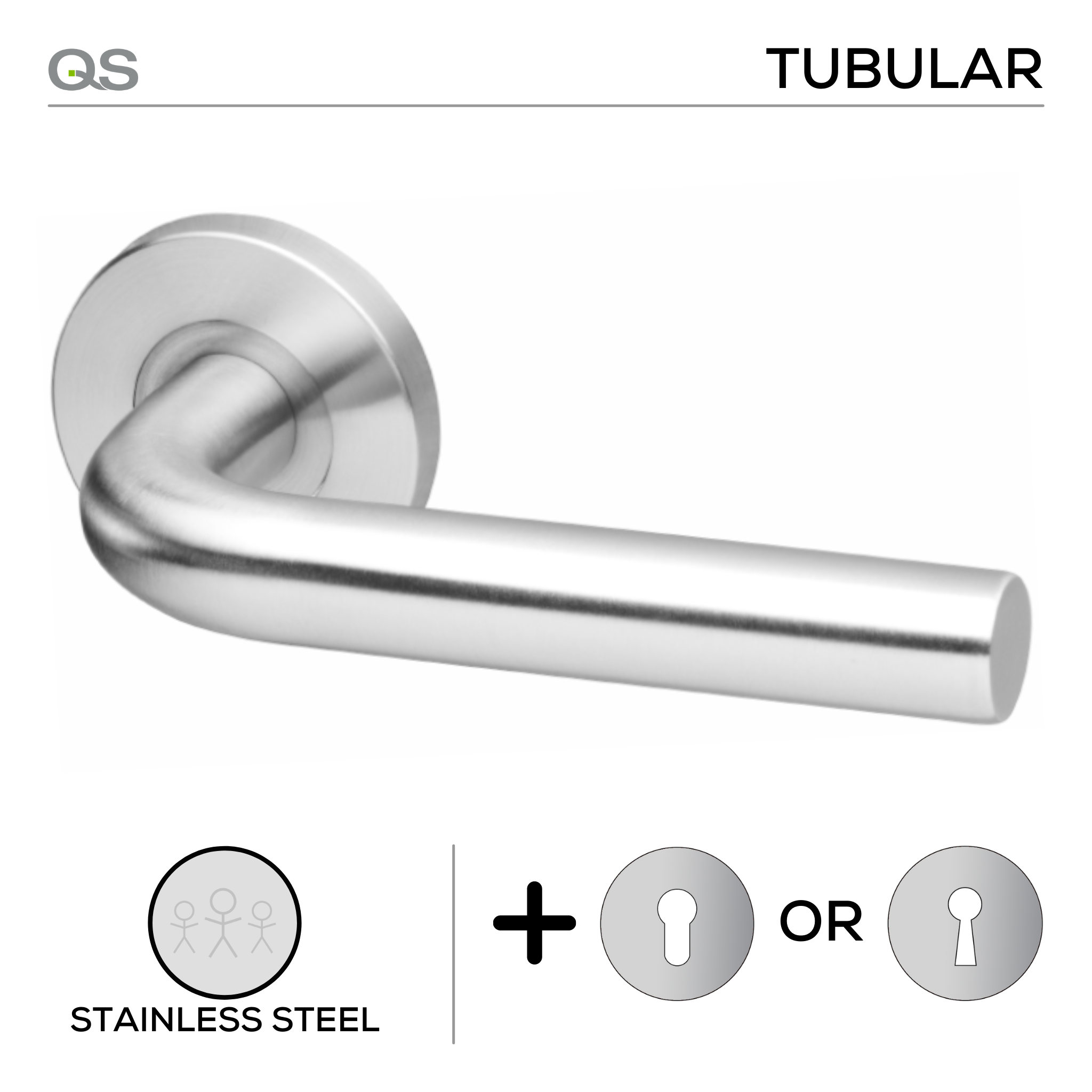 Oslo, Lever Handles, Tubular, On Round Rose, With Escutcheons, Stainless Steel, QS