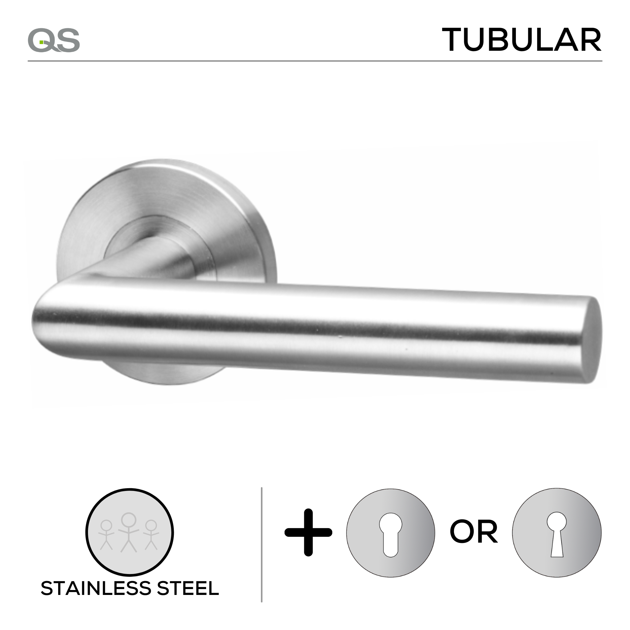 Oulu, Lever Handles, Tubular, On Round Rose, With Escutcheons, Stainless Steel, QS