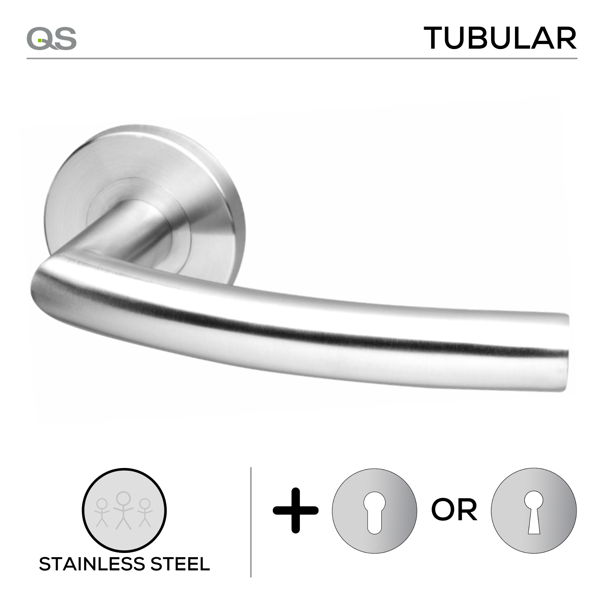 Turku, Lever Handles, Tubular, On Round Rose, With Escutcheons, Stainless Steel, QS