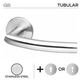 Turku, Lever Handles, Tubular, On Round Rose, With Escutcheons, Stainless Steel, QS