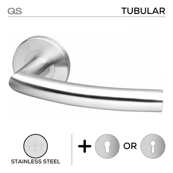 Turku, Lever Handles, Tubular, On Round Rose, With Escutcheons, Stainless Steel, QS