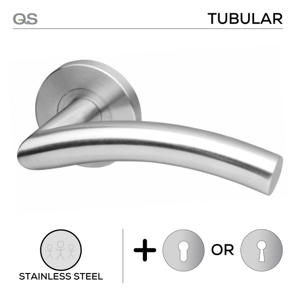 Umea, Lever Handles, Tubular, On Round Rose, With Escutcheons, Stainless Steel, QS