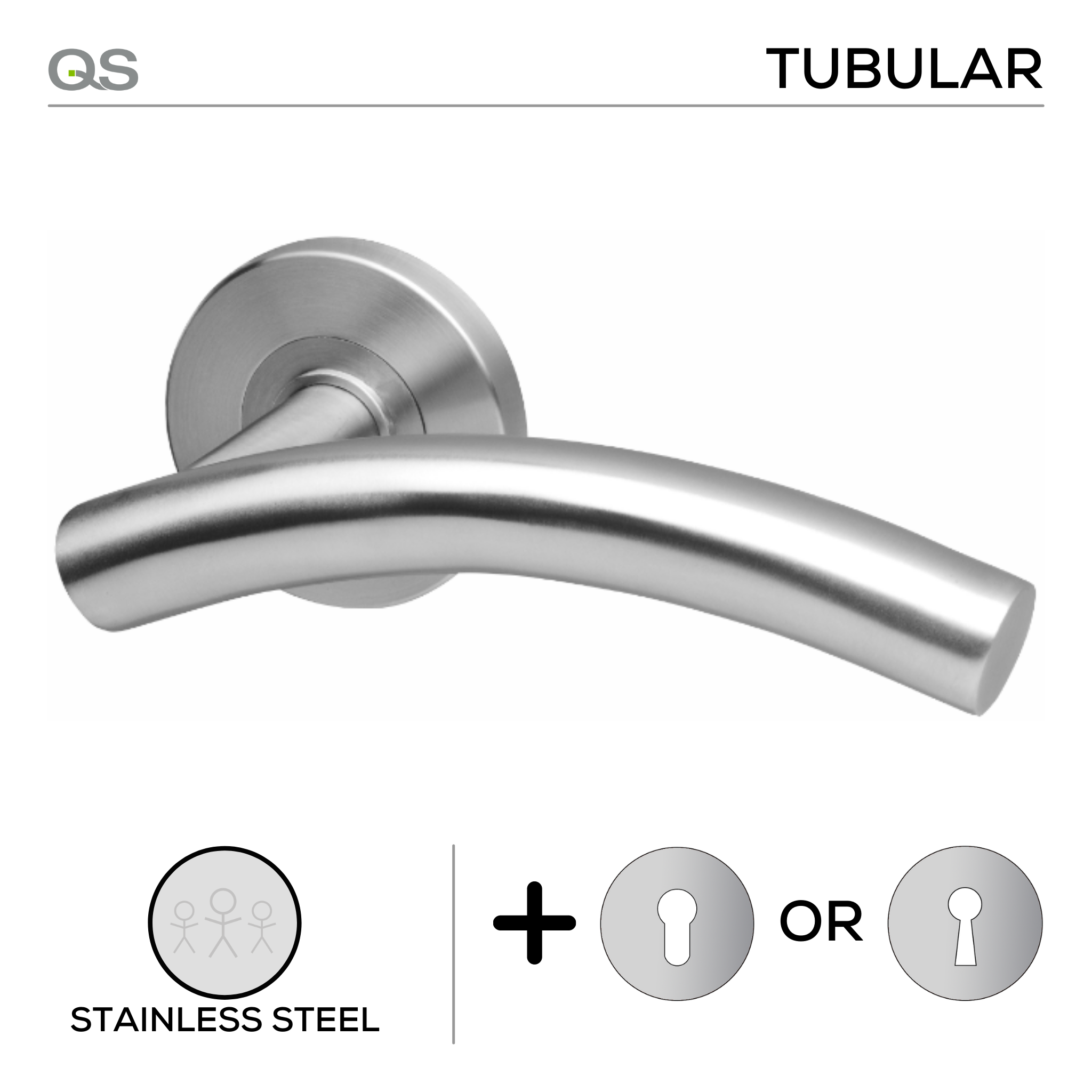 Vaasa, Lever Handles, Tubular, On Round Rose, With Escutcheons, Stainless Steel, QS