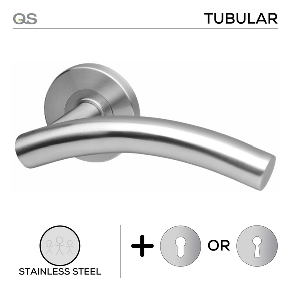 Vaasa, Lever Handles, Tubular, On Round Rose, With Escutcheons, Stainless Steel, QS