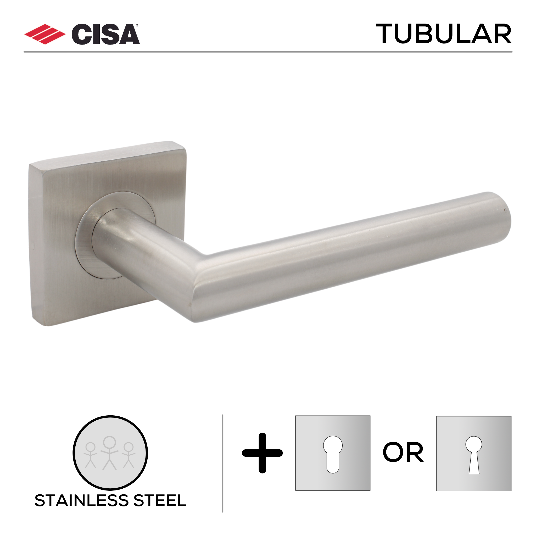 FT02.S._.SS, Lever Handles, Tubular, On Square Rose, With Escutcheons, 134mm (l), Stainless Steel, CISA