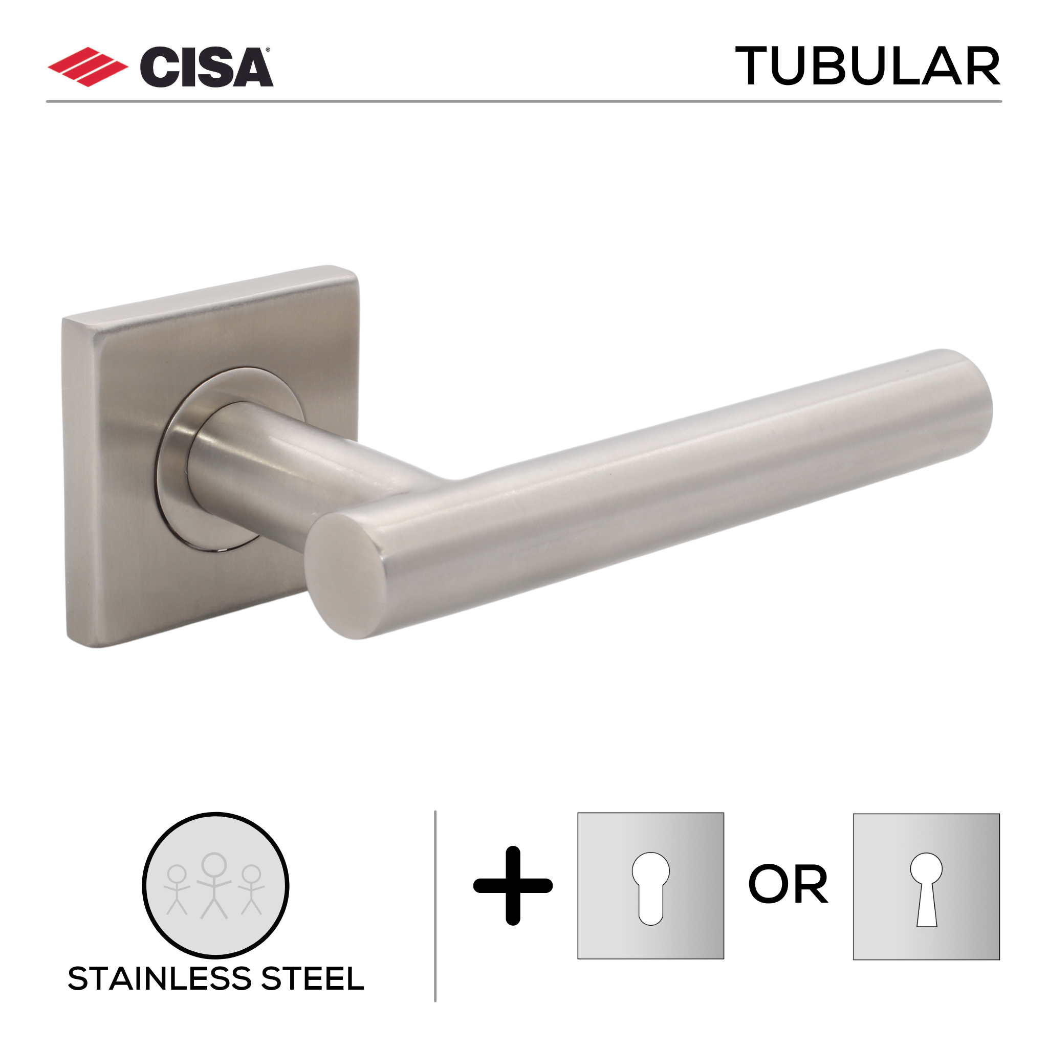 FT06.S._.SS, Lever Handles, Tubular, On Square Rose, With Escutcheons, 134mm (l), Stainless Steel, CISA