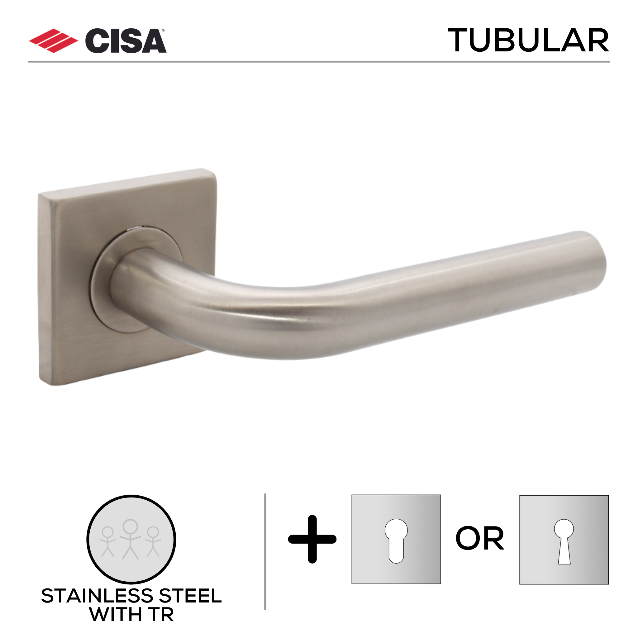 FT01.S._.TR, Lever Handles, Tubular, On Square Rose, With Escutcheons, 134mm (l), Stainless Steel with Tarnish Resistant, CISA